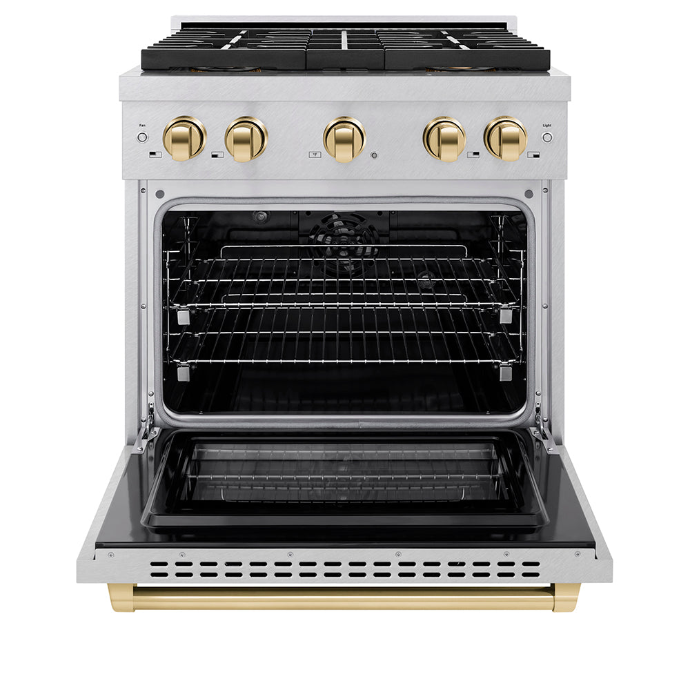 ZLINE Autograph Edition 30 in. 4.2 cu. ft. Paramount Dual Fuel Range with 4 Burner DuoProâ„¢ Cooktop and Electric Convection Oven in Satin Stainless Steel and Polished Gold Accents (PSDRSZ-30-G)