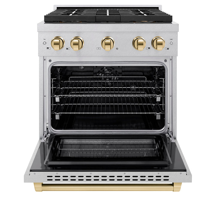 ZLINE Autograph Edition 30 in. 4.2 cu. ft. Paramount Dual Fuel Range with 4 Burner DuoProâ„¢ Cooktop and Electric Convection Oven in Satin Stainless Steel and Polished Gold Accents (PSDRSZ-30-G)