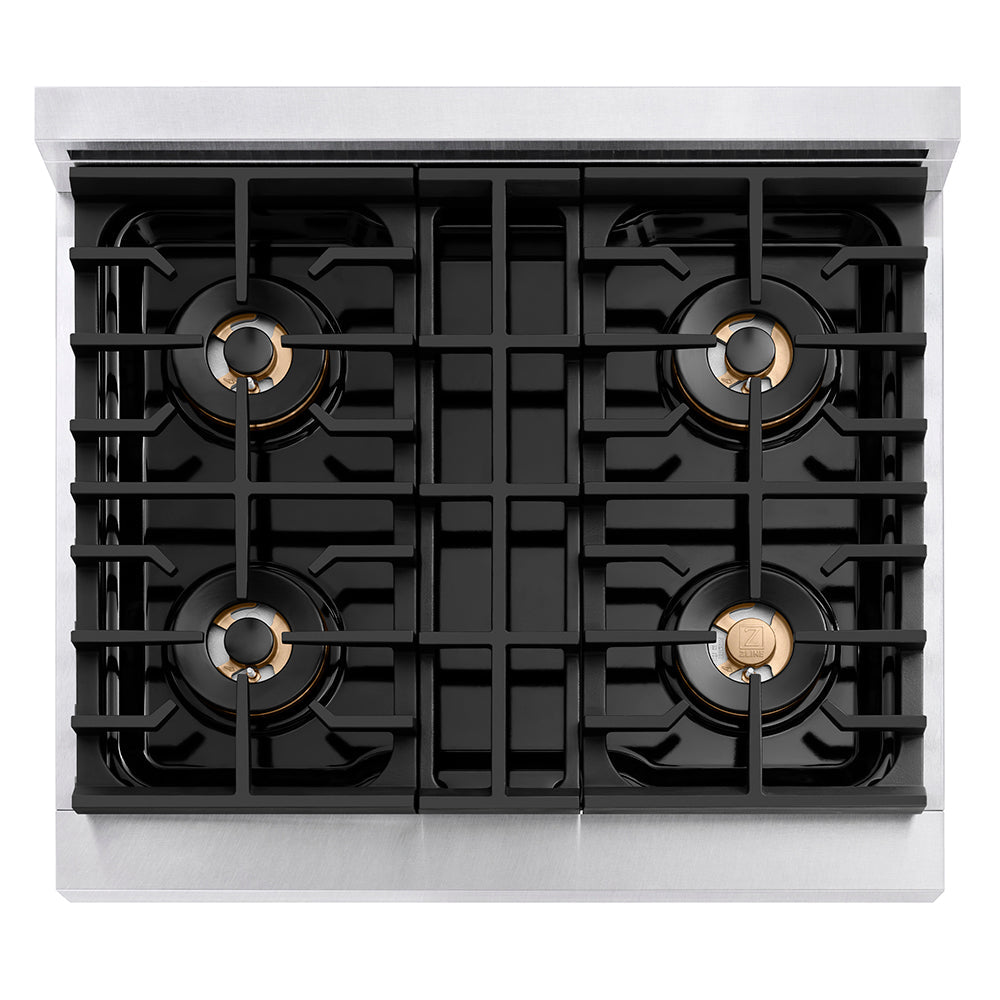 ZLINE Autograph Edition 30 in. 4.2 cu. ft. Paramount Dual Fuel Range with 4 Burner DuoProâ„¢ Cooktop and Electric Convection Oven in Satin Stainless Steel and Polished Gold Accents (PSDRSZ-30-G)