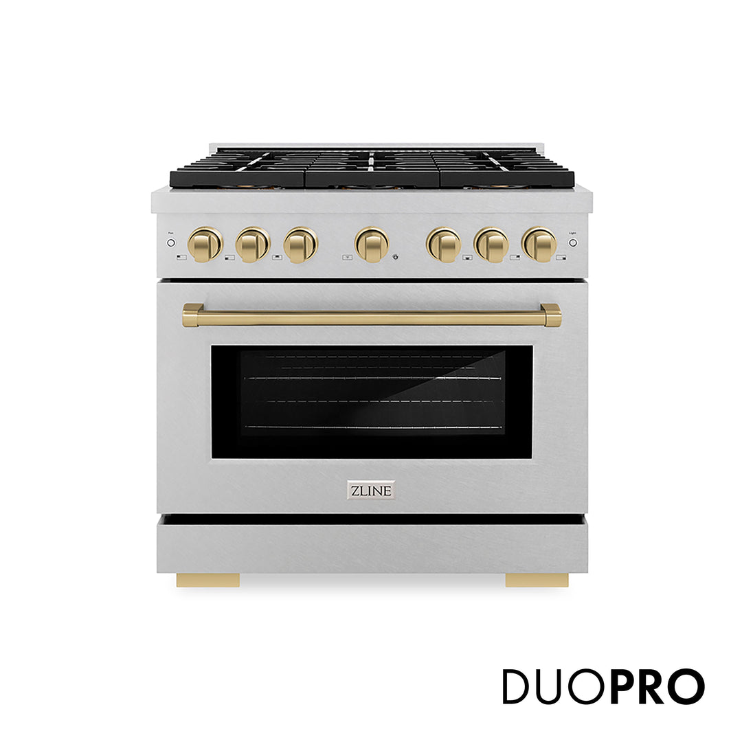 ZLINE Autograph Edition 36 in. 5.2 cu. ft. Paramount Dual Fuel Range with 6 Burner DuoProâ„¢ Cooktop and Electric Convection Oven in Satin Stainless Steel and Champagne Bronze Accents (PSDRSZ-36-CB)