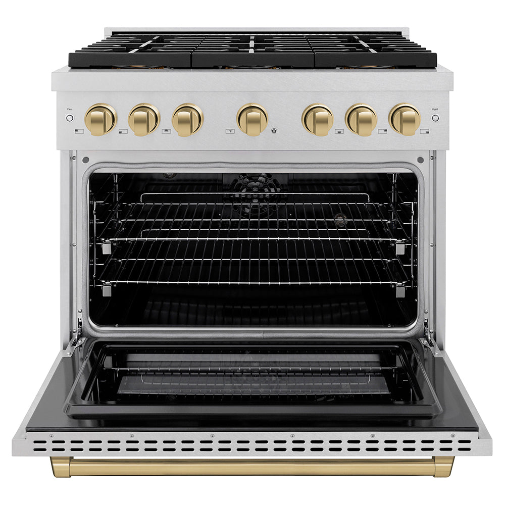 ZLINE Autograph Edition 36 in. 5.2 cu. ft. Paramount Dual Fuel Range with 6 Burner DuoProâ„¢ Cooktop and Electric Convection Oven in Satin Stainless Steel and Champagne Bronze Accents (PSDRSZ-36-CB)