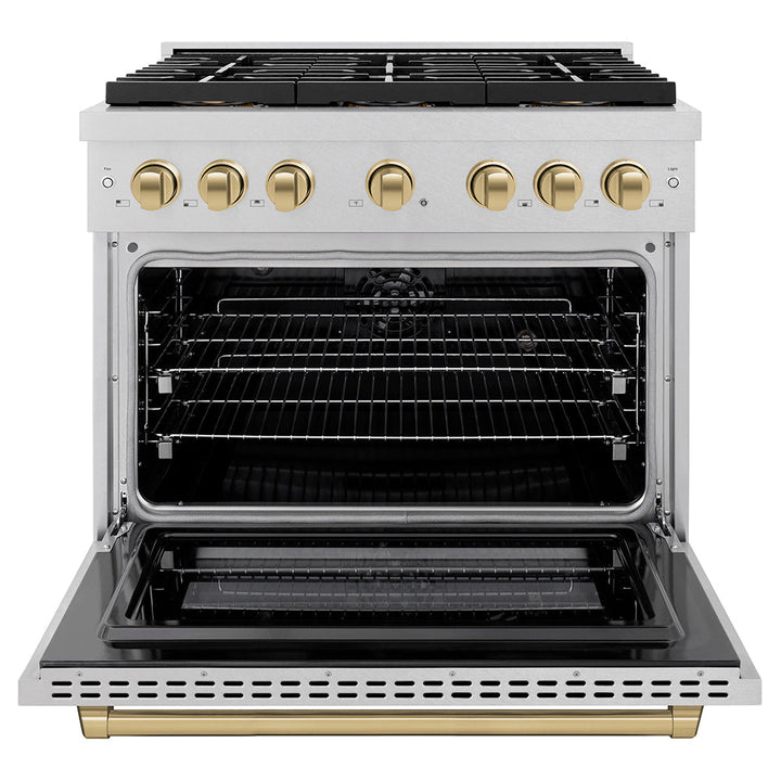 ZLINE Autograph Edition 36 in. 5.2 cu. ft. Paramount Dual Fuel Range with 6 Burner DuoProâ„¢ Cooktop and Electric Convection Oven in Satin Stainless Steel and Champagne Bronze Accents (PSDRSZ-36-CB)