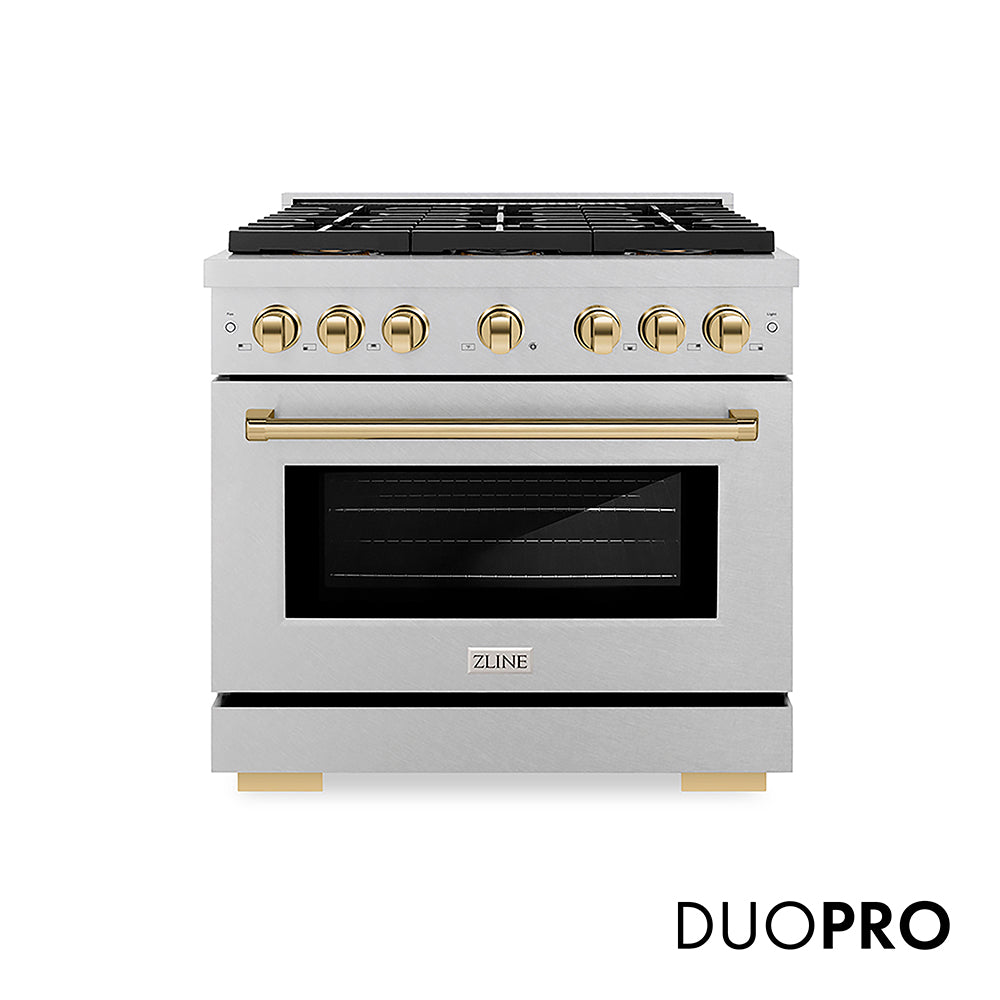 ZLINE Autograph Edition 36 in. 5.2 cu. ft. Paramount Dual Fuel Range with 6 Burner DuoProâ„¢ Cooktop and Electric Convection Oven in Satin Stainless Steel and Polished Gold Accents (PSDRSZ-36-G)
