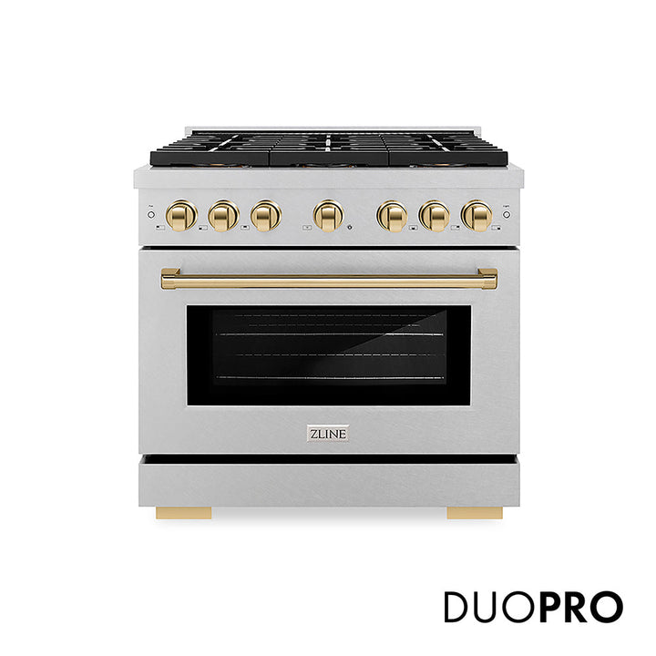 ZLINE Autograph Edition 36 in. 5.2 cu. ft. Paramount Dual Fuel Range with 6 Burner DuoProâ„¢ Cooktop and Electric Convection Oven in Satin Stainless Steel and Polished Gold Accents (PSDRSZ-36-G)