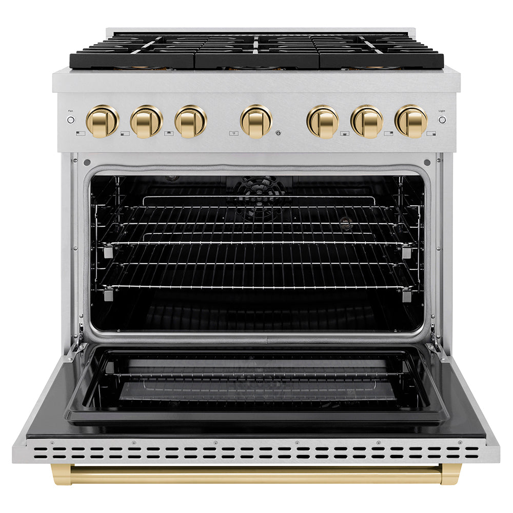 ZLINE Autograph Edition 36 in. 5.2 cu. ft. Paramount Dual Fuel Range with 6 Burner DuoProâ„¢ Cooktop and Electric Convection Oven in Satin Stainless Steel and Polished Gold Accents (PSDRSZ-36-G)