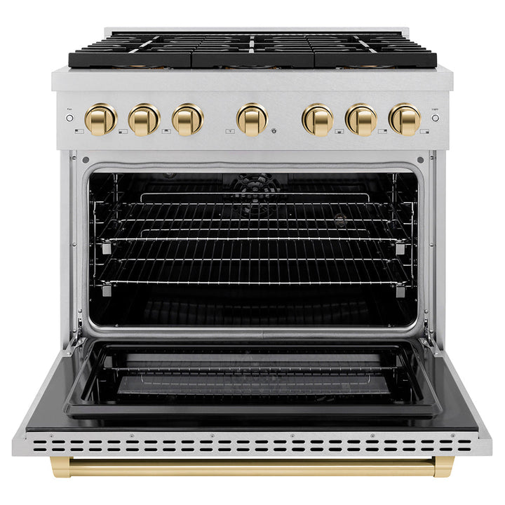 ZLINE Autograph Edition 36 in. 5.2 cu. ft. Paramount Dual Fuel Range with 6 Burner DuoProâ„¢ Cooktop and Electric Convection Oven in Satin Stainless Steel and Polished Gold Accents (PSDRSZ-36-G)