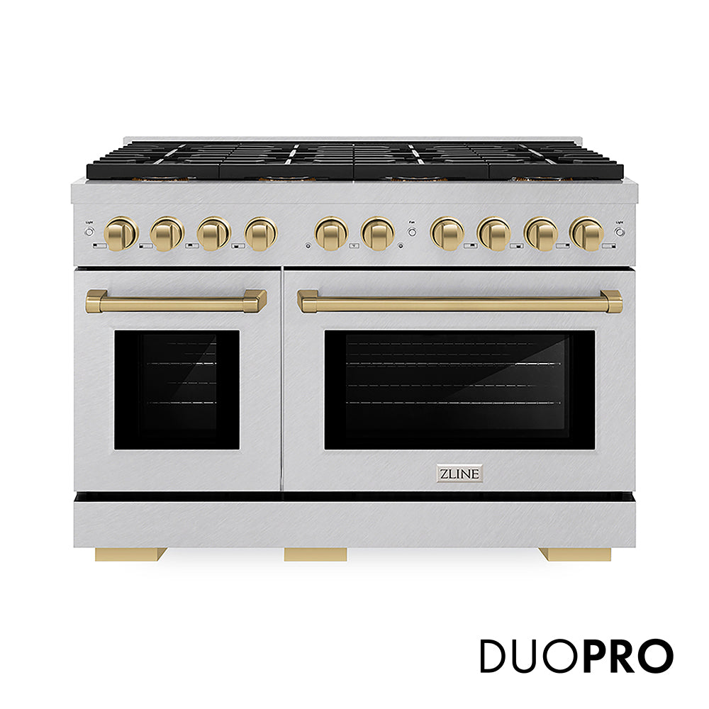 ZLINE Autograph Edition 48 in. 6.7 cu. ft. Paramount Dual Fuel Range with 8 Burner DuoProâ„¢ Cooktop and Dual Ovens in Satin Stainless Steel and Champagne Bronze Accents (PSDRSZ-48-CB)