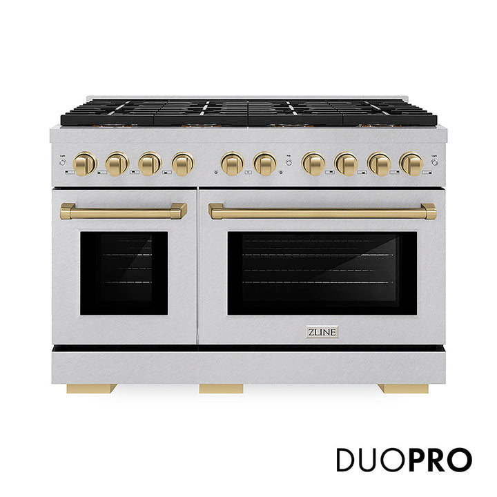 ZLINE Autograph Edition 48 in. 6.7 cu. ft. Paramount Dual Fuel Range with 8 Burner DuoProâ„¢ Cooktop and Dual Ovens in Satin Stainless Steel and Champagne Bronze Accents (PSDRSZ-48-CB)