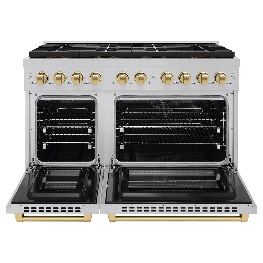 ZLINE Autograph Edition 48 in. 6.7 cu. ft. Paramount Dual Fuel Range with 8 Burner DuoProâ„¢ Cooktop and Dual Ovens in Satin Stainless Steel and Champagne Bronze Accents (PSDRSZ-48-CB)