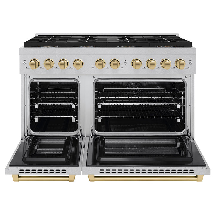 ZLINE Autograph Edition 48 in. 6.7 cu. ft. Paramount Dual Fuel Range with 8 Burner DuoProâ„¢ Cooktop and Dual Ovens in Satin Stainless Steel and Champagne Bronze Accents (PSDRSZ-48-CB)