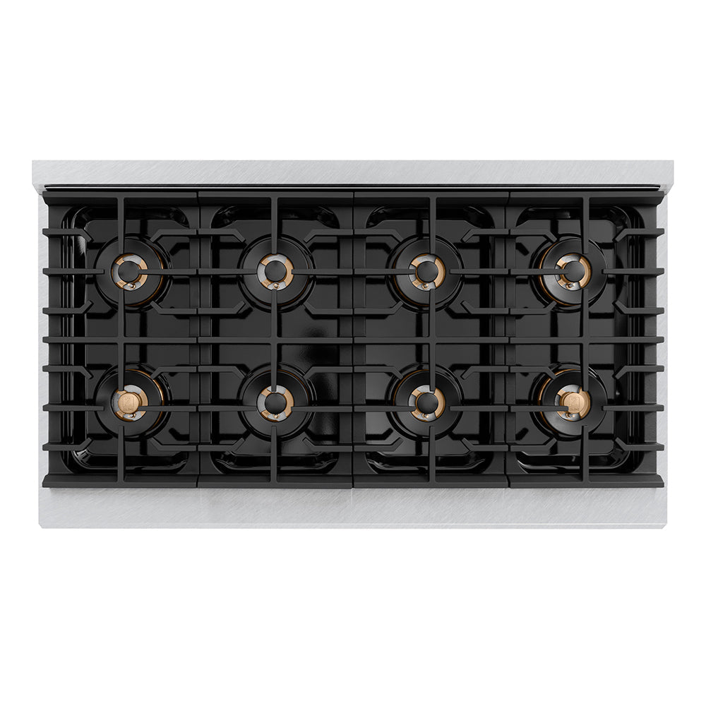 ZLINE Autograph Edition 48 in. 6.7 cu. ft. Paramount Dual Fuel Range with 8 Burner DuoProâ„¢ Cooktop and Dual Ovens in Satin Stainless Steel and Champagne Bronze Accents (PSDRSZ-48-CB)