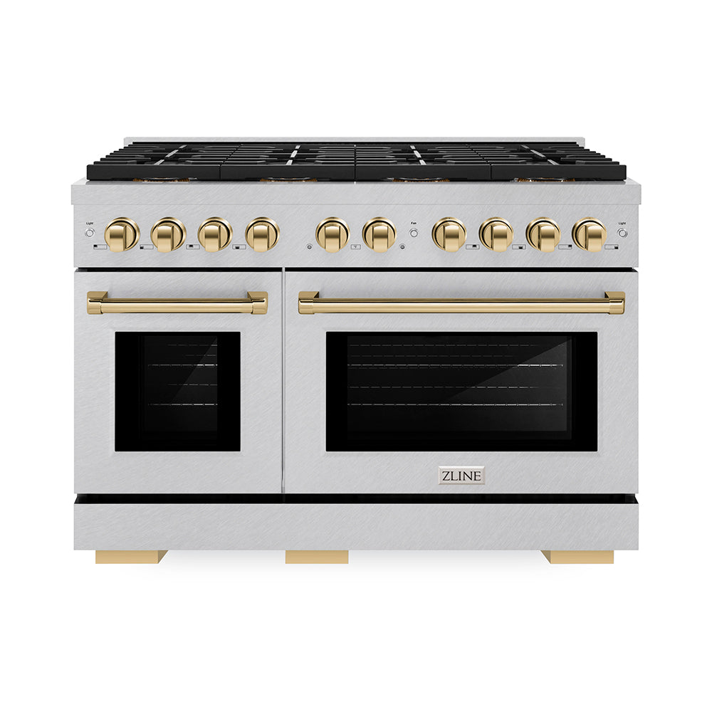 ZLINE Autograph Edition 48 in. 6.7 cu. ft. Paramount Dual Fuel Range with 8 Burner DuoProâ„¢ Cooktop and Dual Ovens in Satin Stainless Steel and Polished Gold Accents (PSDRSZ-48-G)