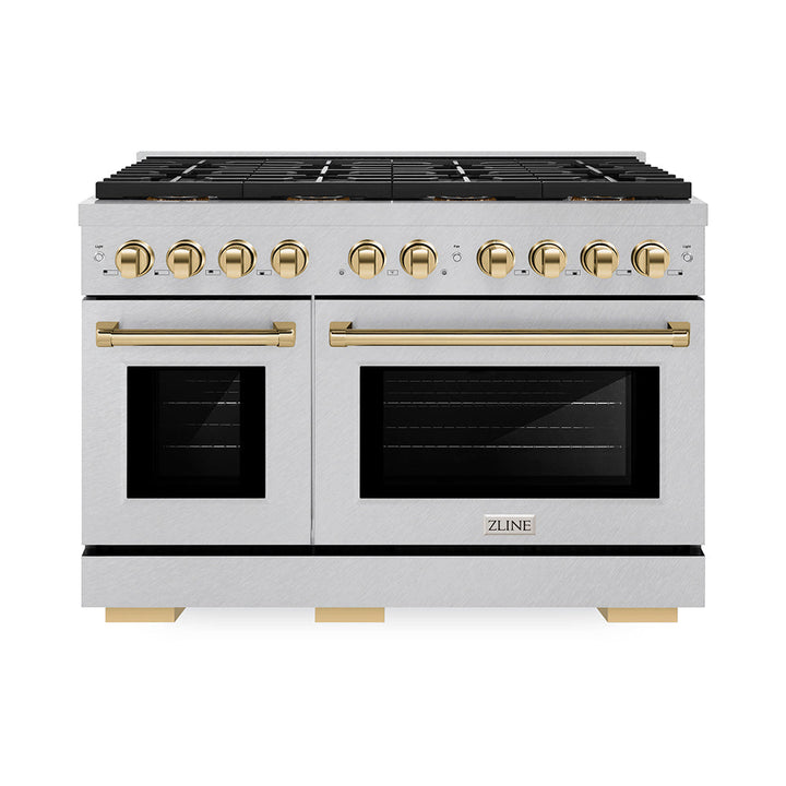 ZLINE Autograph Edition 48 in. 6.7 cu. ft. Paramount Dual Fuel Range with 8 Burner DuoProâ„¢ Cooktop and Dual Ovens in Satin Stainless Steel and Polished Gold Accents (PSDRSZ-48-G)
