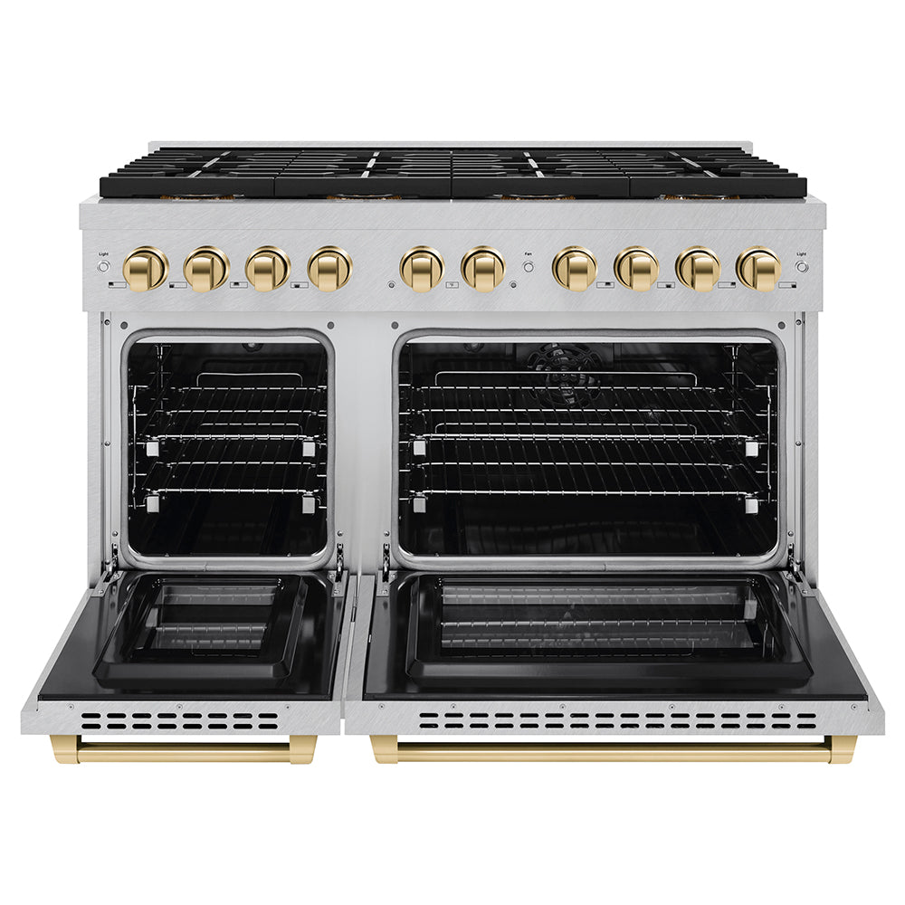 ZLINE Autograph Edition 48 in. 6.7 cu. ft. Paramount Dual Fuel Range with 8 Burner DuoProâ„¢ Cooktop and Dual Ovens in Satin Stainless Steel and Polished Gold Accents (PSDRSZ-48-G)