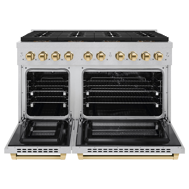 ZLINE Autograph Edition 48 in. 6.7 cu. ft. Paramount Dual Fuel Range with 8 Burner DuoProâ„¢ Cooktop and Dual Ovens in Satin Stainless Steel and Polished Gold Accents (PSDRSZ-48-G)