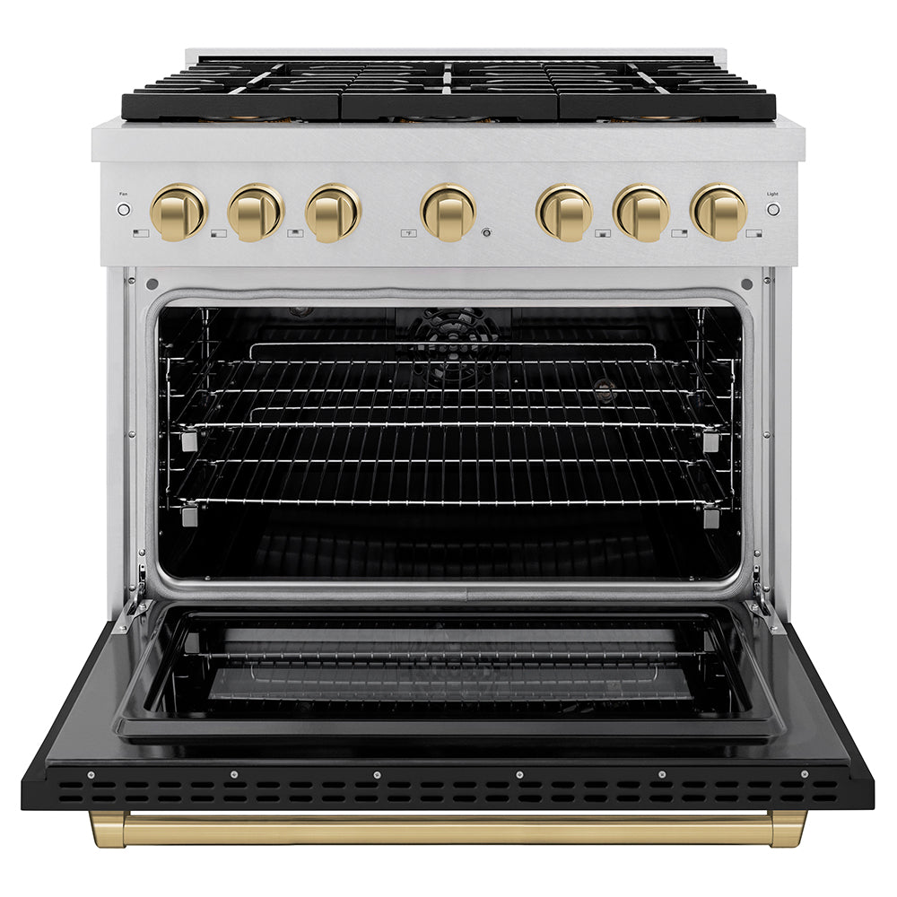 ZLINE Autograph Edition 36 in. 5.2 cu. ft. Paramount Dual Fuel Range with 6 Burner DuoProâ„¢ Cooktop and Electric Convection Oven in Satin Stainless Steel with Black Matte Door and Champagne Bronze Accents (PSDRSZ-BLM36-CB)