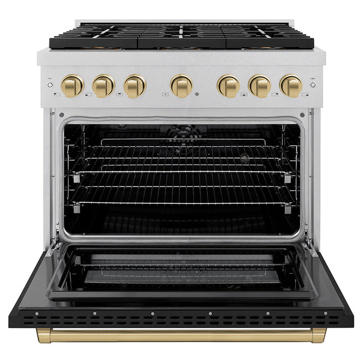 ZLINE Autograph Edition 36 in. 5.2 cu. ft. Paramount Dual Fuel Range with 6 Burner DuoProâ„¢ Cooktop and Electric Convection Oven in Satin Stainless Steel with Black Matte Door and Champagne Bronze Accents (PSDRSZ-BLM36-CB)