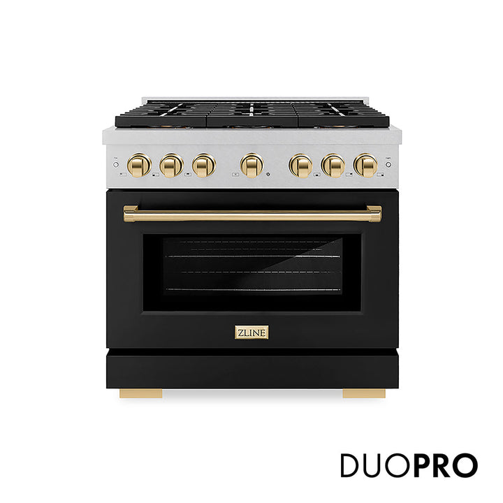 ZLINE Autograph Edition 36 in. 5.2 cu. ft. Paramount Dual Fuel Range with 6 Burner DuoProâ„¢ Cooktop and Electric Convection Oven in Satin Stainless Steel with Black Matte Door and Polished Gold Accents (PSDRSZ-BLM36-G)