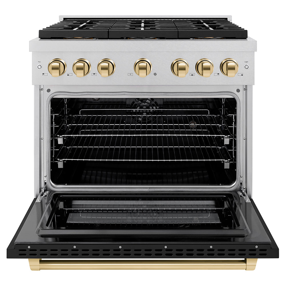 ZLINE Autograph Edition 36 in. 5.2 cu. ft. Paramount Dual Fuel Range with 6 Burner DuoProâ„¢ Cooktop and Electric Convection Oven in Satin Stainless Steel with Black Matte Door and Polished Gold Accents (PSDRSZ-BLM36-G)