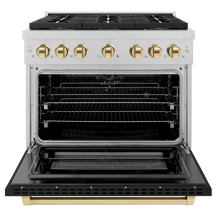 ZLINE Autograph Edition 36 in. 5.2 cu. ft. Paramount Dual Fuel Range with 6 Burner DuoProâ„¢ Cooktop and Electric Convection Oven in Satin Stainless Steel with Black Matte Door and Polished Gold Accents (PSDRSZ-BLM36-G)