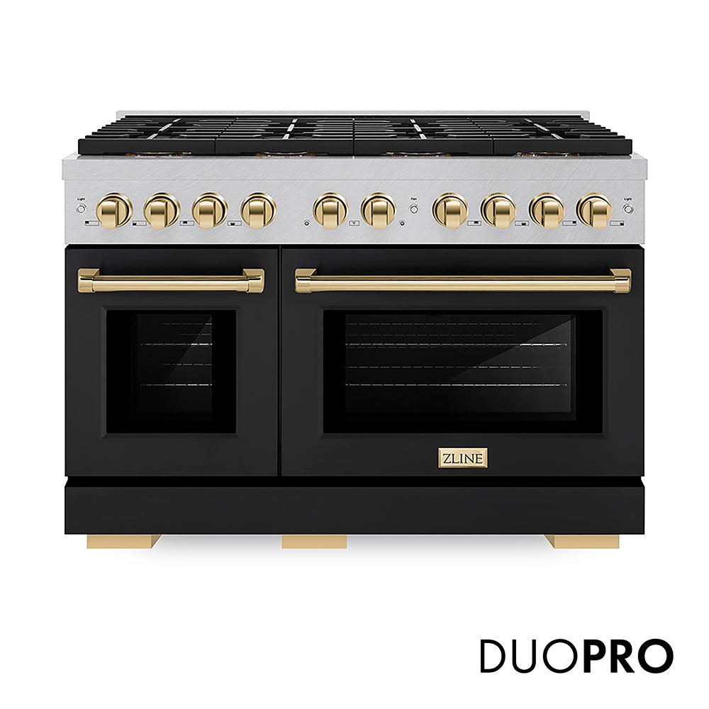 ZLINE Autograph Edition 48 in. 6.7 cu. ft. Paramount Dual Fuel Range with 8 Burner DuoProâ„¢ Cooktop and Dual Ovens in Satin Stainless Steel with Black Matte Doors and Polished Gold Accents (PSDRSZ-BLM48-G)
