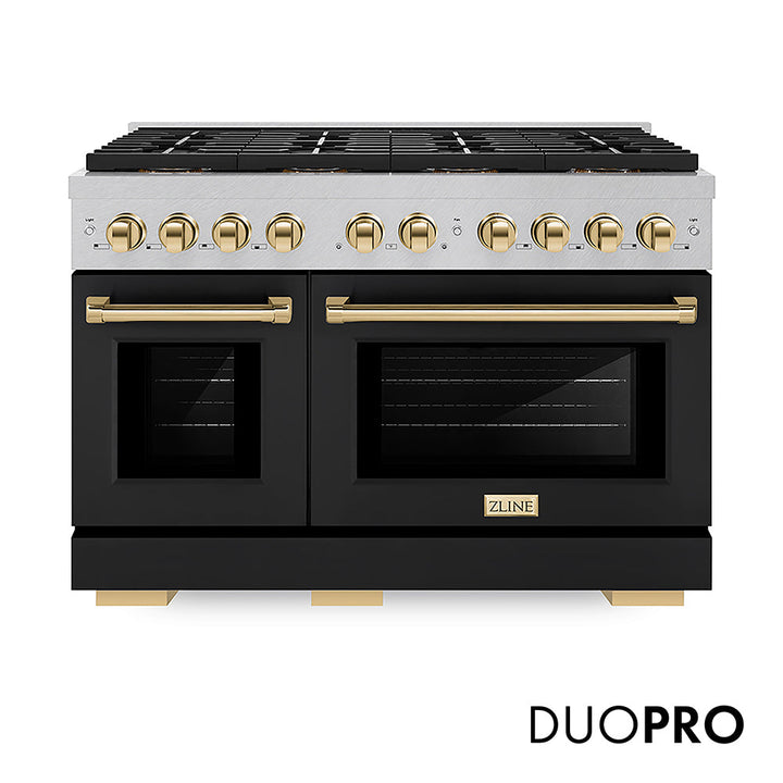ZLINE Autograph Edition 48 in. 6.7 cu. ft. Paramount Dual Fuel Range with 8 Burner DuoProâ„¢ Cooktop and Dual Ovens in Satin Stainless Steel with Black Matte Doors and Polished Gold Accents (PSDRSZ-BLM48-G)