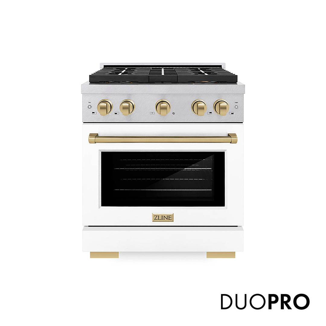 ZLINE Autograph Edition 30 in. 4.2 cu. ft. Paramount Dual Fuel Range with 4 Burner DuoProâ„¢ Cooktop and Electric Convection Oven in Satin Stainless Steel with White Matte Door and Champagne Bronze Accents (PSDRSZ-WM-30-CB)