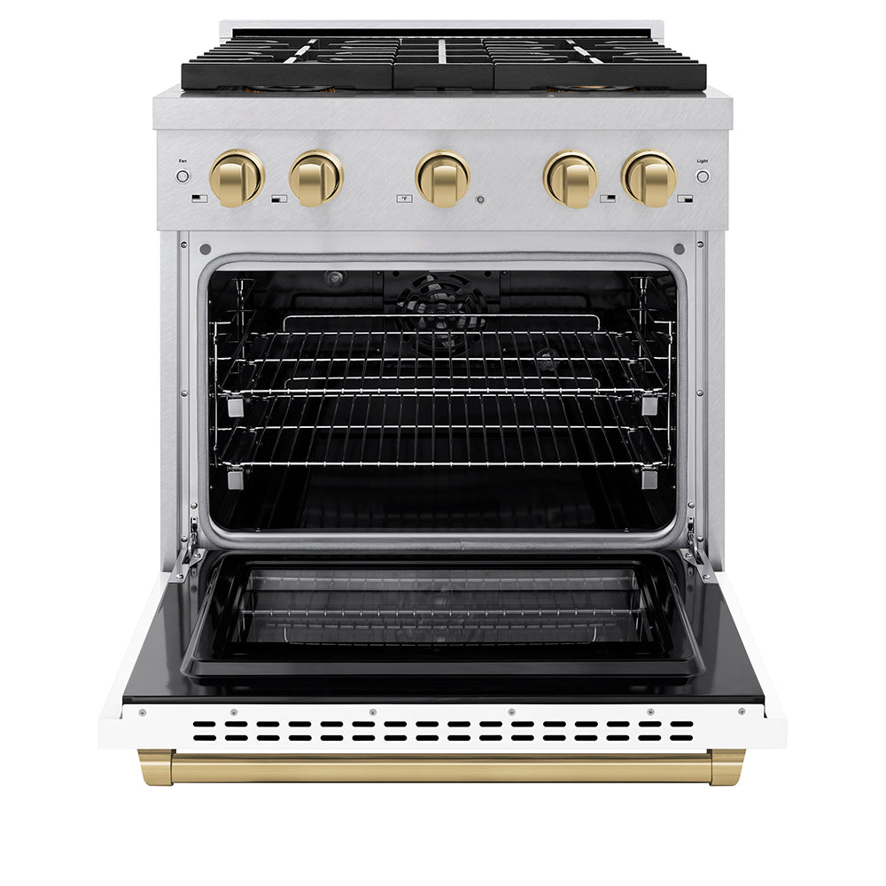 ZLINE Autograph Edition 30 in. 4.2 cu. ft. Paramount Dual Fuel Range with 4 Burner DuoProâ„¢ Cooktop and Electric Convection Oven in Satin Stainless Steel with White Matte Door and Champagne Bronze Accents (PSDRSZ-WM-30-CB)