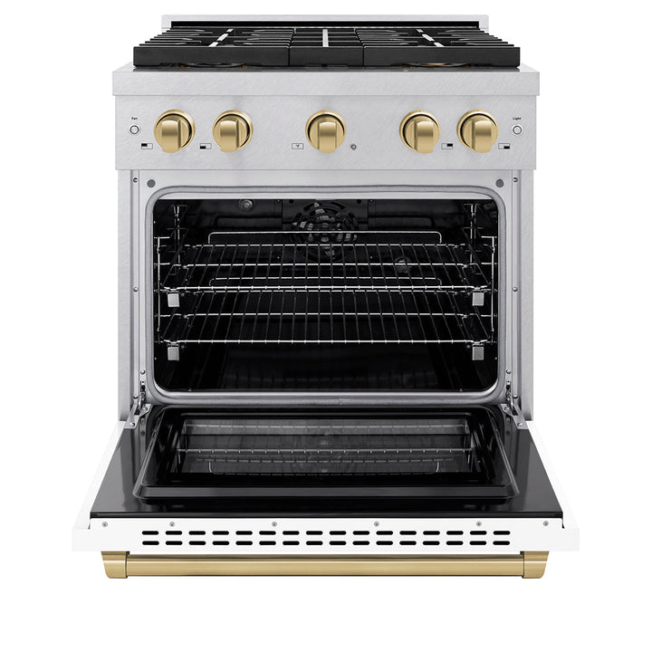 ZLINE Autograph Edition 30 in. 4.2 cu. ft. Paramount Dual Fuel Range with 4 Burner DuoProâ„¢ Cooktop and Electric Convection Oven in Satin Stainless Steel with White Matte Door and Champagne Bronze Accents (PSDRSZ-WM-30-CB)