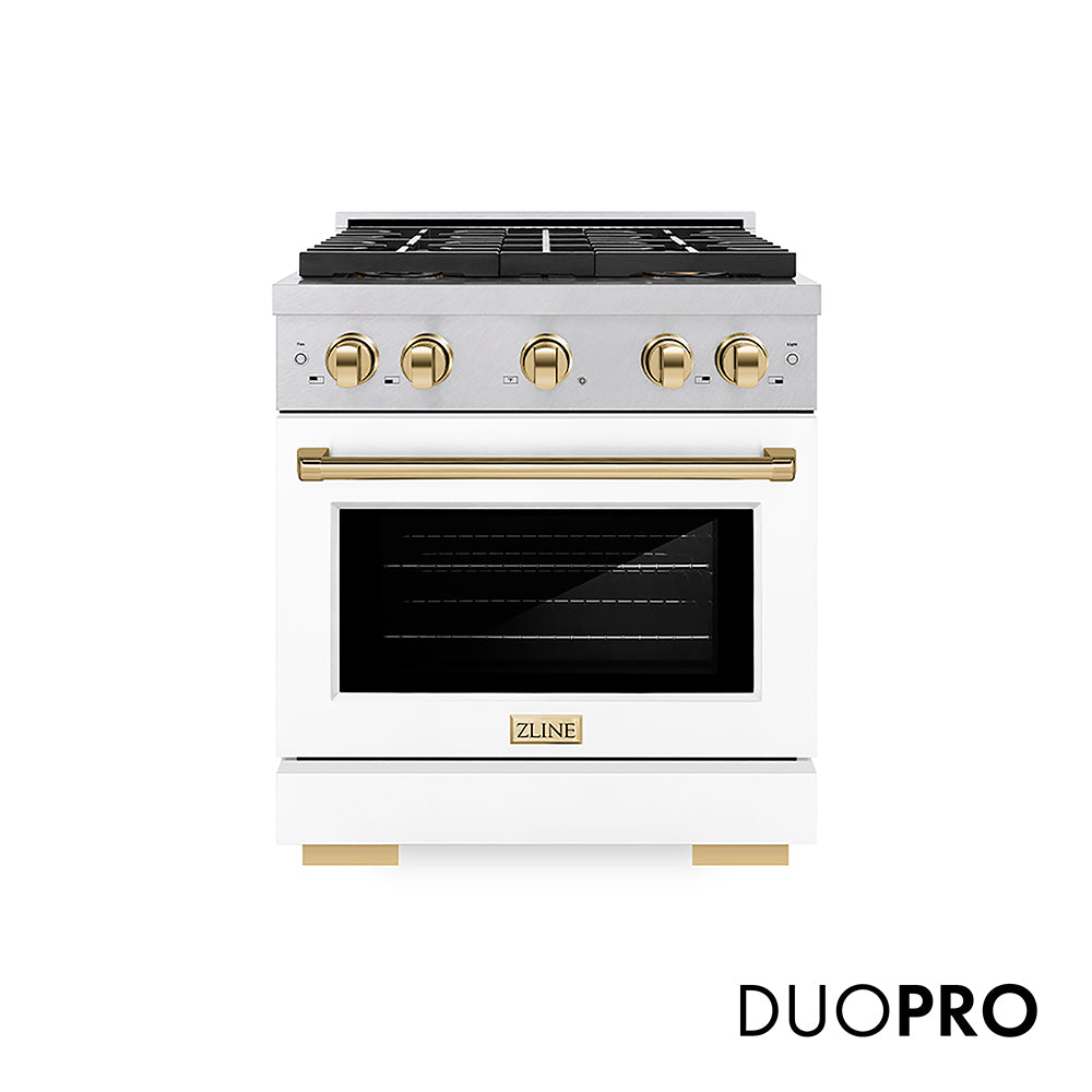 ZLINE Autograph Edition 30 in. 4.2 cu. ft. Paramount Dual Fuel Range with 4 Burner DuoProâ„¢ Cooktop and Electric Convection Oven in Satin Stainless Steel with White Matte Door and Polished Gold Accents (PSDRSZ-WM-30-G)
