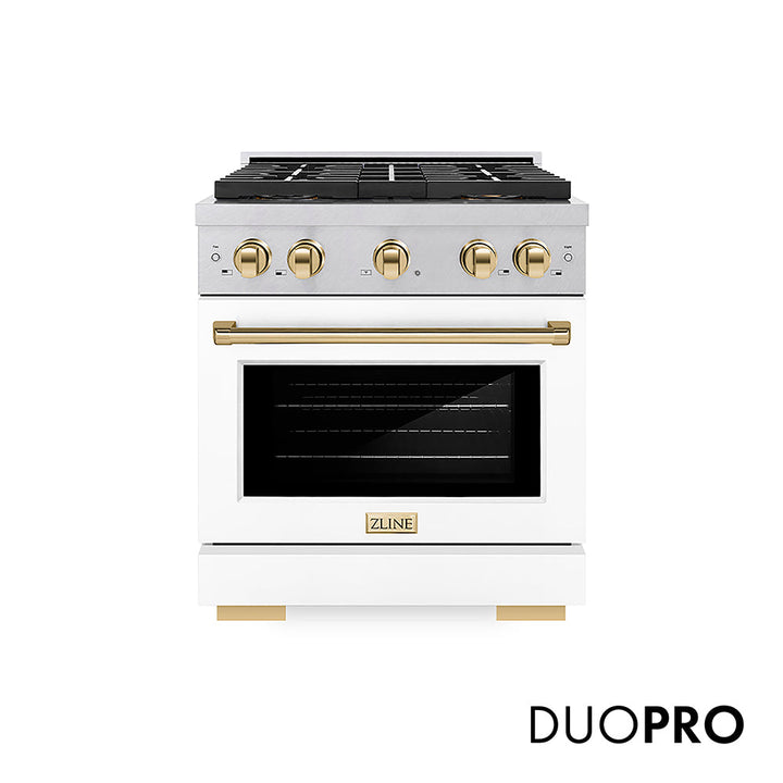 ZLINE Autograph Edition 30 in. 4.2 cu. ft. Paramount Dual Fuel Range with 4 Burner DuoProâ„¢ Cooktop and Electric Convection Oven in Satin Stainless Steel with White Matte Door and Polished Gold Accents (PSDRSZ-WM-30-G)