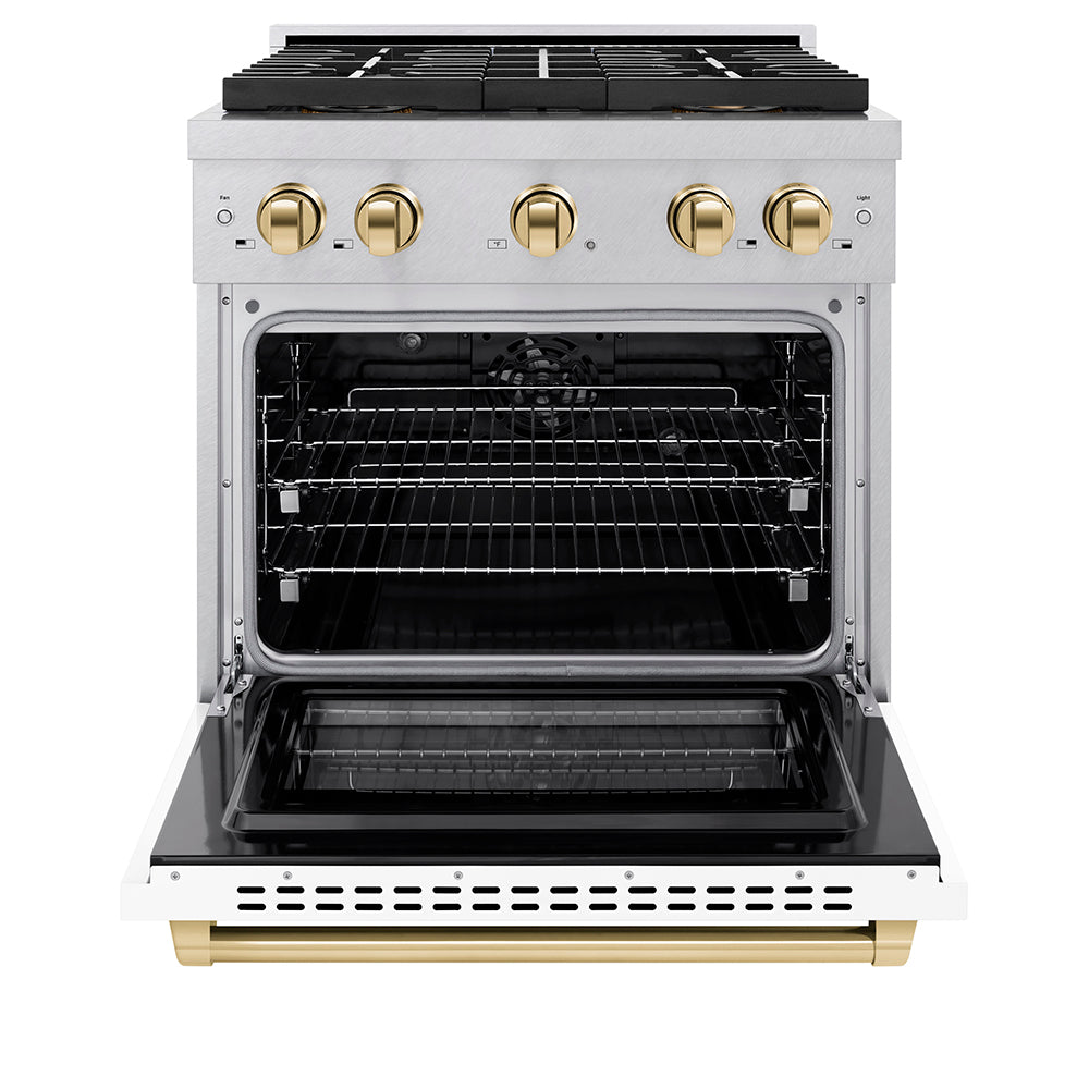 ZLINE Autograph Edition 30 in. 4.2 cu. ft. Paramount Dual Fuel Range with 4 Burner DuoProâ„¢ Cooktop and Electric Convection Oven in Satin Stainless Steel with White Matte Door and Polished Gold Accents (PSDRSZ-WM-30-G)