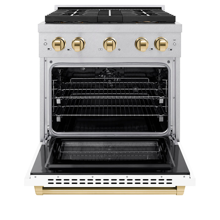 ZLINE Autograph Edition 30 in. 4.2 cu. ft. Paramount Dual Fuel Range with 4 Burner DuoProâ„¢ Cooktop and Electric Convection Oven in Satin Stainless Steel with White Matte Door and Polished Gold Accents (PSDRSZ-WM-30-G)