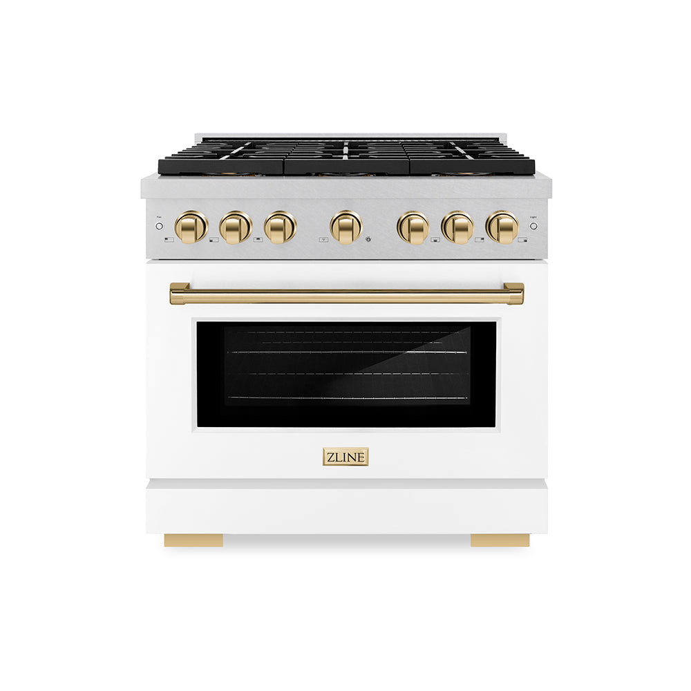 ZLINE Autograph Edition 36 in. 5.2 cu. ft. Paramount Dual Fuel Range with 6 Burner DuoProâ„¢ Cooktop and Electric Convection Oven in Satin Stainless Steel with White Matte Door and Polished Gold Accents (PSDRSZ-WM-36-G)