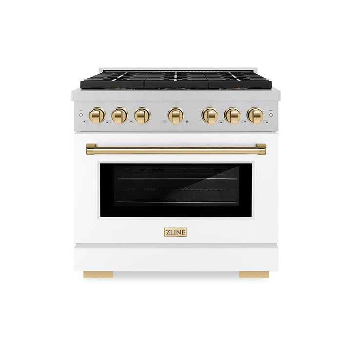 ZLINE Autograph Edition 36 in. 5.2 cu. ft. Paramount Dual Fuel Range with 6 Burner DuoProâ„¢ Cooktop and Electric Convection Oven in Satin Stainless Steel with White Matte Door and Polished Gold Accents (PSDRSZ-WM-36-G)
