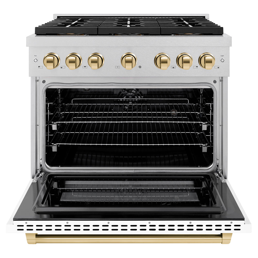 ZLINE Autograph Edition 36 in. 5.2 cu. ft. Paramount Dual Fuel Range with 6 Burner DuoProâ„¢ Cooktop and Electric Convection Oven in Satin Stainless Steel with White Matte Door and Polished Gold Accents (PSDRSZ-WM-36-G)