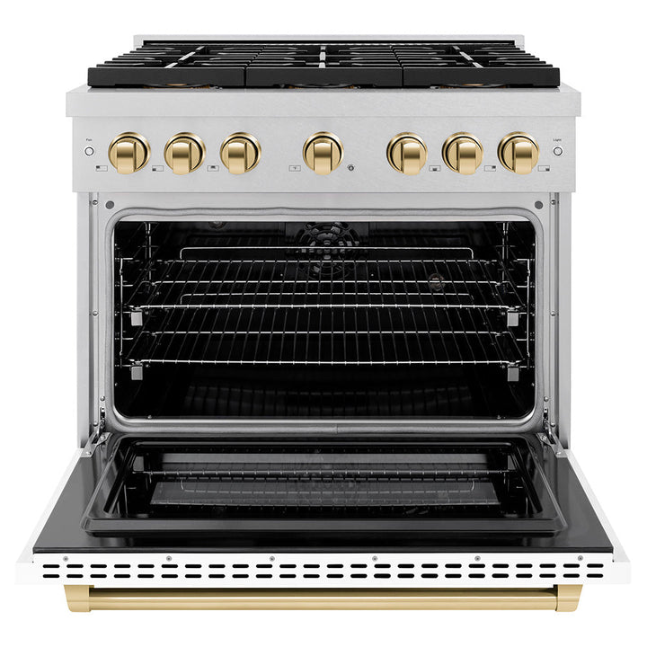ZLINE Autograph Edition 36 in. 5.2 cu. ft. Paramount Dual Fuel Range with 6 Burner DuoProâ„¢ Cooktop and Electric Convection Oven in Satin Stainless Steel with White Matte Door and Polished Gold Accents (PSDRSZ-WM-36-G)