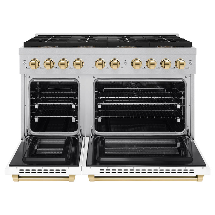 ZLINE Autograph Edition 48 in. 6.7 cu. ft. Paramount Dual Fuel Range with 8 Burner DuoProâ„¢ Cooktop and Dual Ovens in Satin Stainless Steel with White Matte Doors and Polished Gold Accents (PSDRSZ-WM-48-G)
