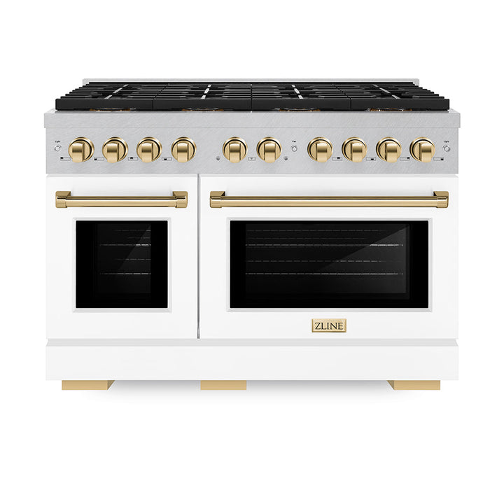 ZLINE Autograph Edition 48 in. 6.7 cu. ft. Paramount Dual Fuel Range with 8 Burner DuoProâ„¢ Cooktop and Dual Ovens in Satin Stainless Steel with White Matte Doors and Polished Gold Accents (PSDRSZ-WM-48-G)
