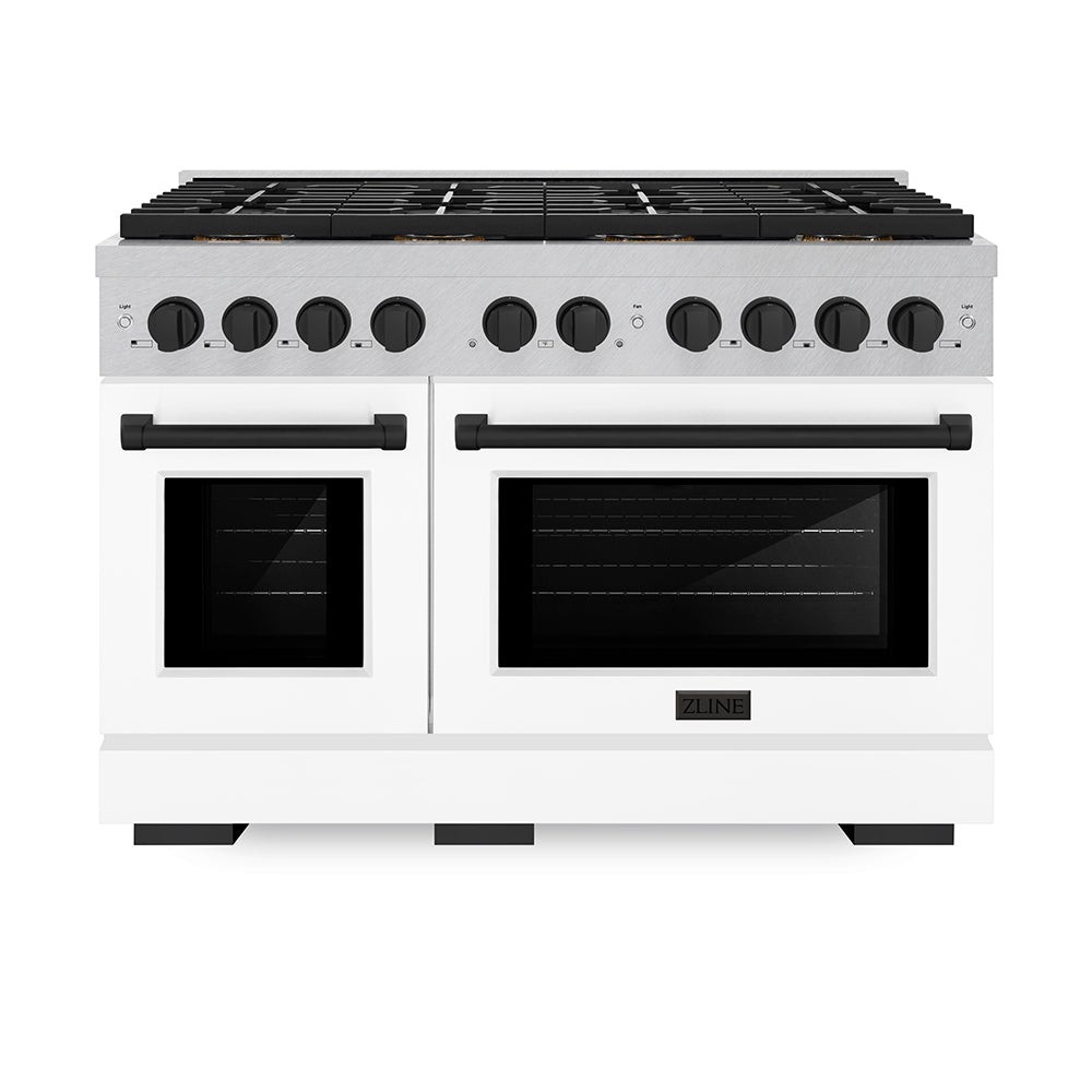 ZLINE Autograph Edition 48 in. 6.7 cu. ft. Paramount Dual Fuel Range with 8 Burner DuoProâ„¢ Cooktop and Dual Ovens in Satin Stainless Steel with White Matte Doors and Matte Black Accents (PSDRSZ-WM-48-MB)