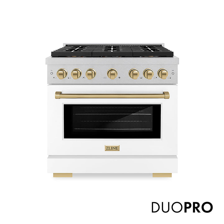ZLINE Autograph Edition 36 in. 5.2 cu. ft. Paramount Dual Fuel Range with 6 Burner DuoProâ„¢ Cooktop and Electric Convection Oven in Satin Stainless Steel with White Matte Door and Champagne Bronze Accents (PSDRSZ-WM-36-CB)