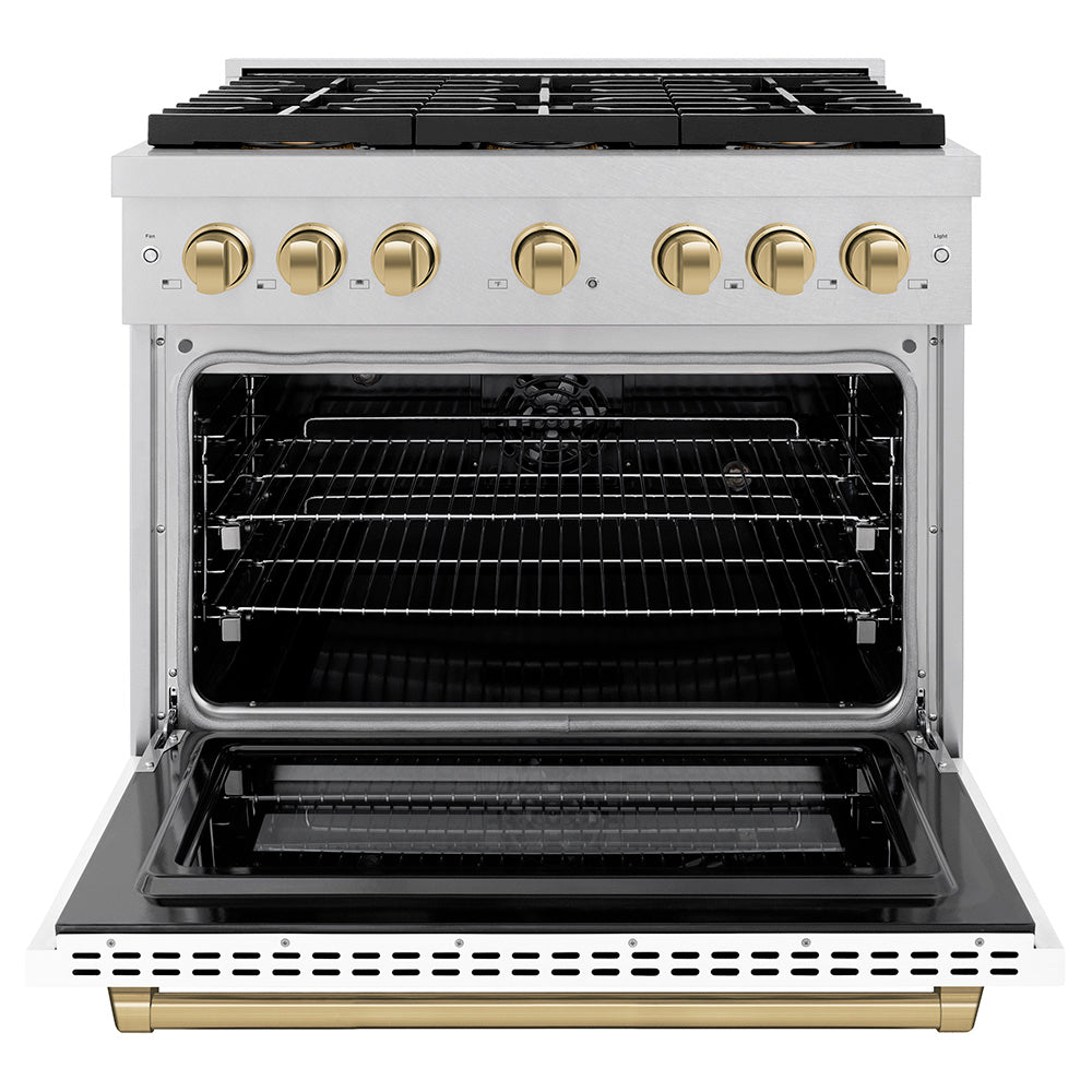 ZLINE Autograph Edition 36 in. 5.2 cu. ft. Paramount Dual Fuel Range with 6 Burner DuoProâ„¢ Cooktop and Electric Convection Oven in Satin Stainless Steel with White Matte Door and Champagne Bronze Accents (PSDRSZ-WM-36-CB)