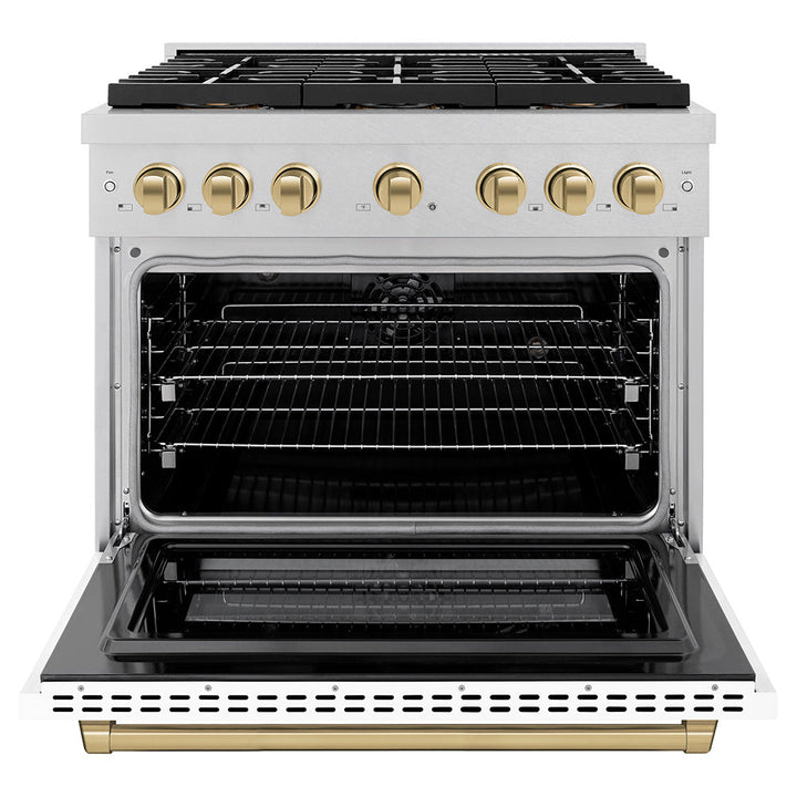 ZLINE Autograph Edition 36 in. 5.2 cu. ft. Paramount Dual Fuel Range with 6 Burner DuoProâ„¢ Cooktop and Electric Convection Oven in Satin Stainless Steel with White Matte Door and Champagne Bronze Accents (PSDRSZ-WM-36-CB)