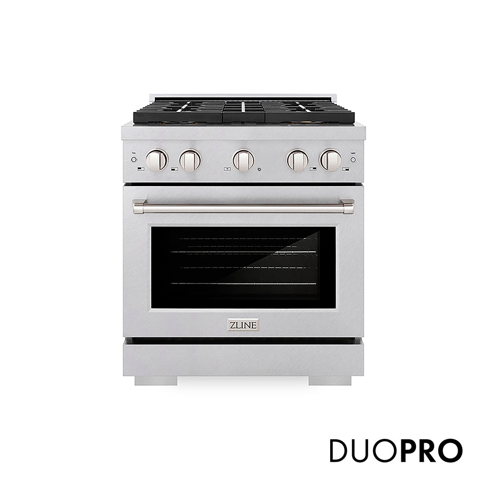 ZLINE 30 in. 4.2 cu. ft. Paramount Gas Range with 4 Burner DuoProâ„¢ Cooktop and Convection Gas Oven in Satin Stainless Steel (PSGRS-30)