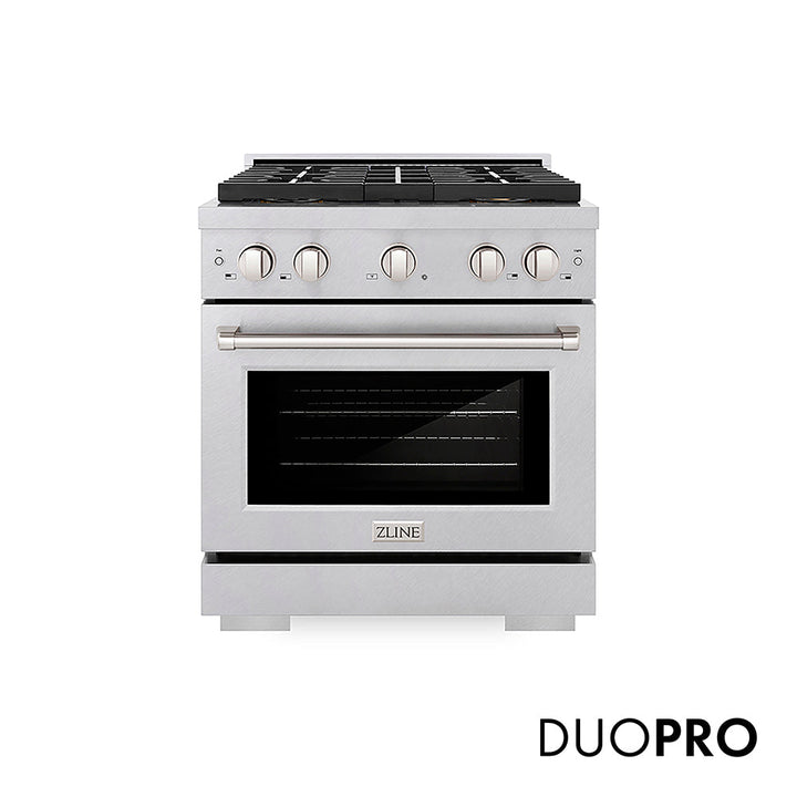 ZLINE 30 in. 4.2 cu. ft. Paramount Gas Range with 4 Burner DuoProâ„¢ Cooktop and Convection Gas Oven in Satin Stainless Steel (PSGRS-30)