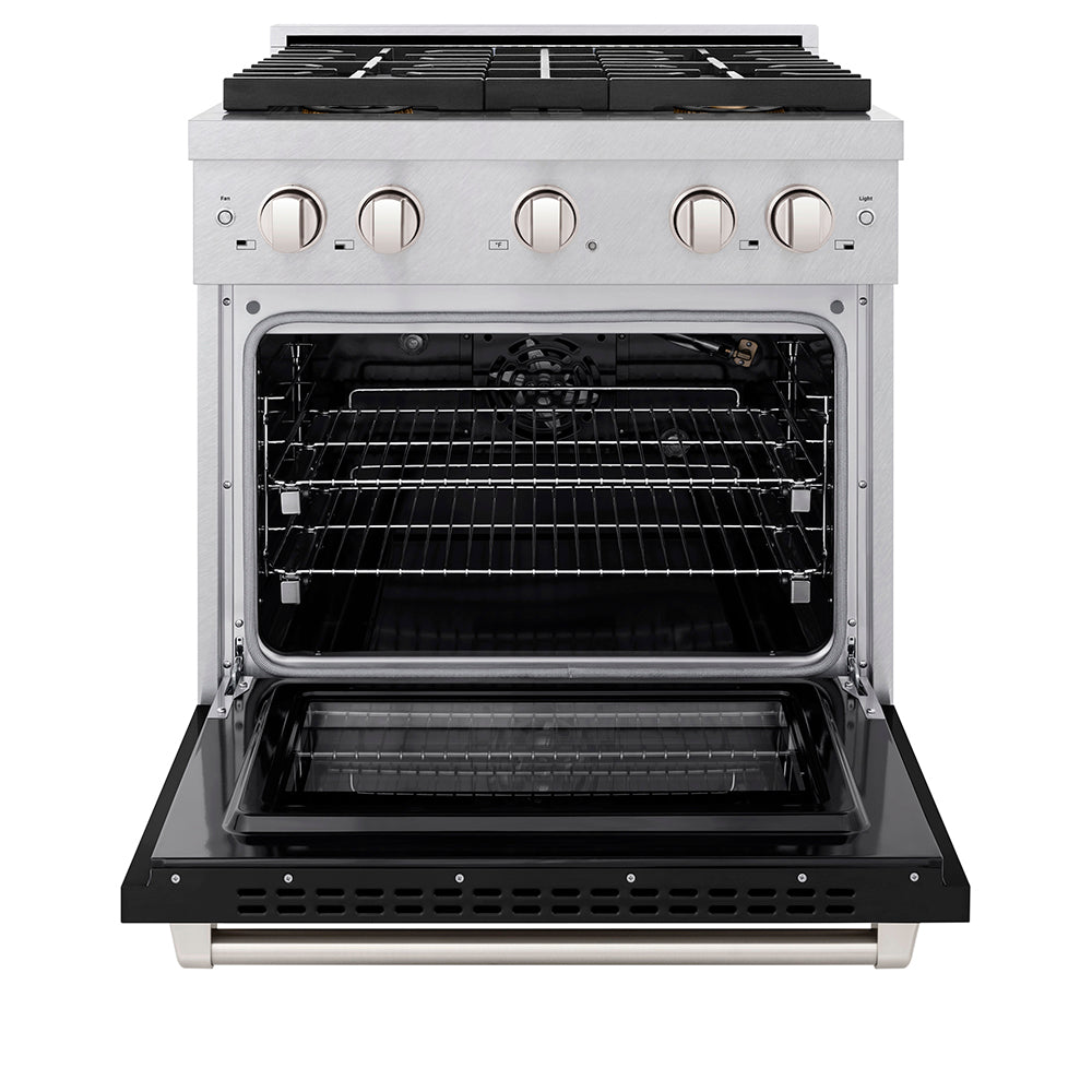 ZLINE 30 in. 4.2 cu. ft. Paramount Gas Range with 4 Burner DuoProâ„¢ Cooktop and Convection Gas Oven in Satin Stainless Steel with Black Matte Door (PSGRS-BLM-30)