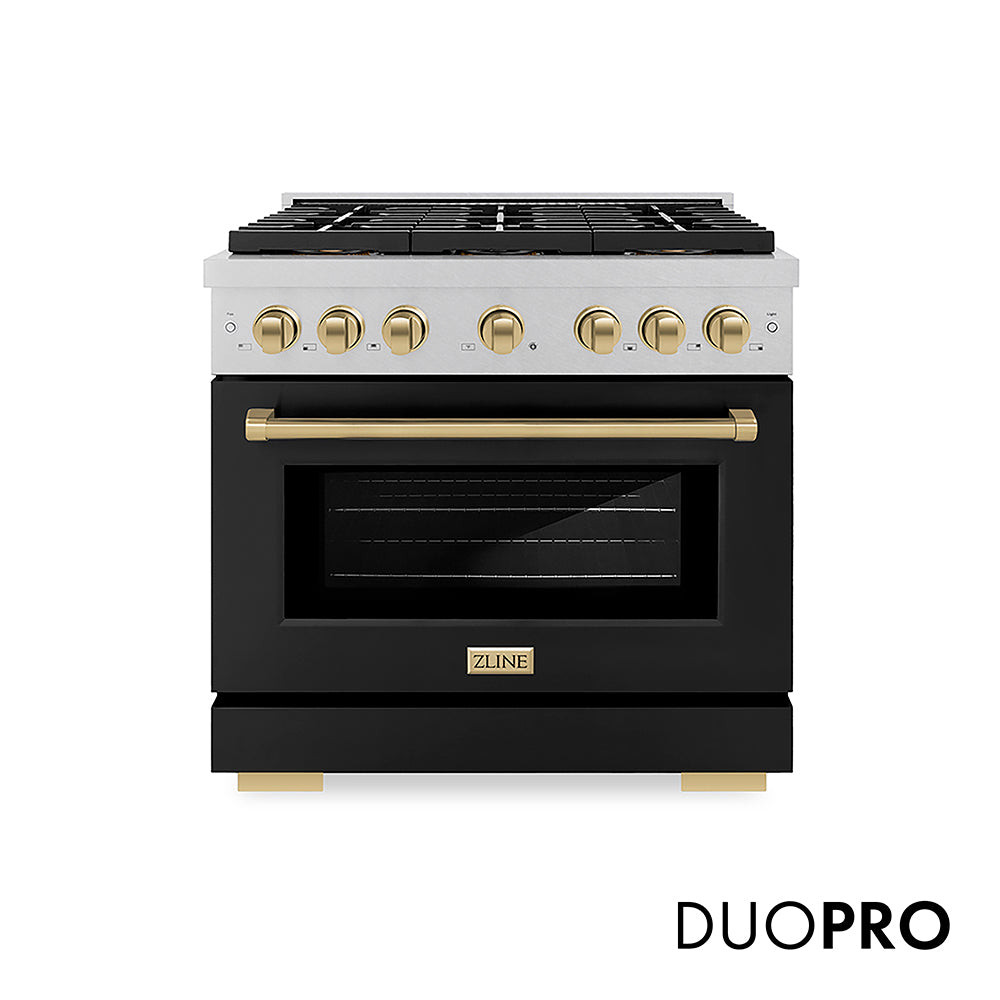 ZLINE Autograph Edition 36 in. 5.2 cu. ft. Paramount Dual Fuel Range with 6 Burner DuoProâ„¢ Cooktop and Electric Convection Oven in Satin Stainless Steel with Black Matte Door and Champagne Bronze Accents (PSDRSZ-BLM36-CB)