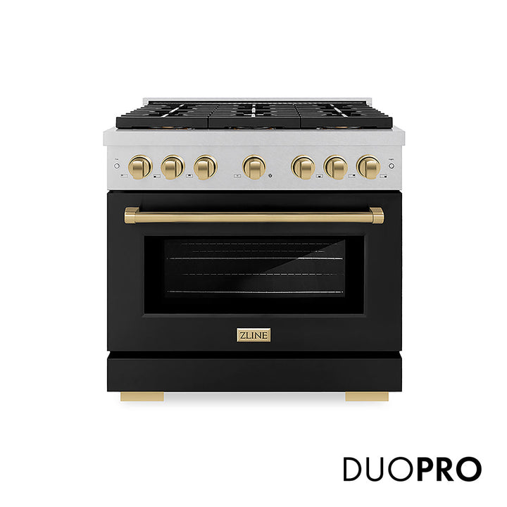 ZLINE Autograph Edition 36 in. 5.2 cu. ft. Paramount Dual Fuel Range with 6 Burner DuoProâ„¢ Cooktop and Electric Convection Oven in Satin Stainless Steel with Black Matte Door and Champagne Bronze Accents (PSDRSZ-BLM36-CB)
