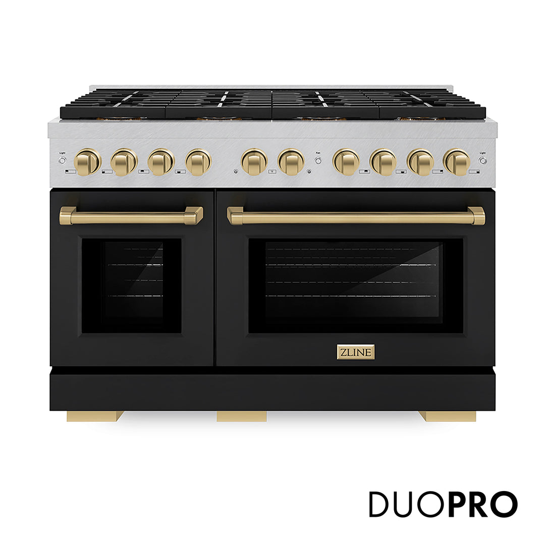 ZLINE Autograph Edition 48 in. 6.7 cu. ft. Paramount Dual Fuel Range with 8 Burner DuoProâ„¢ Cooktop and Dual Ovens in Satin Stainless Steel with Black Matte Doors and Champagne Bronze Accents (PSDRSZ-BLM48-CB)