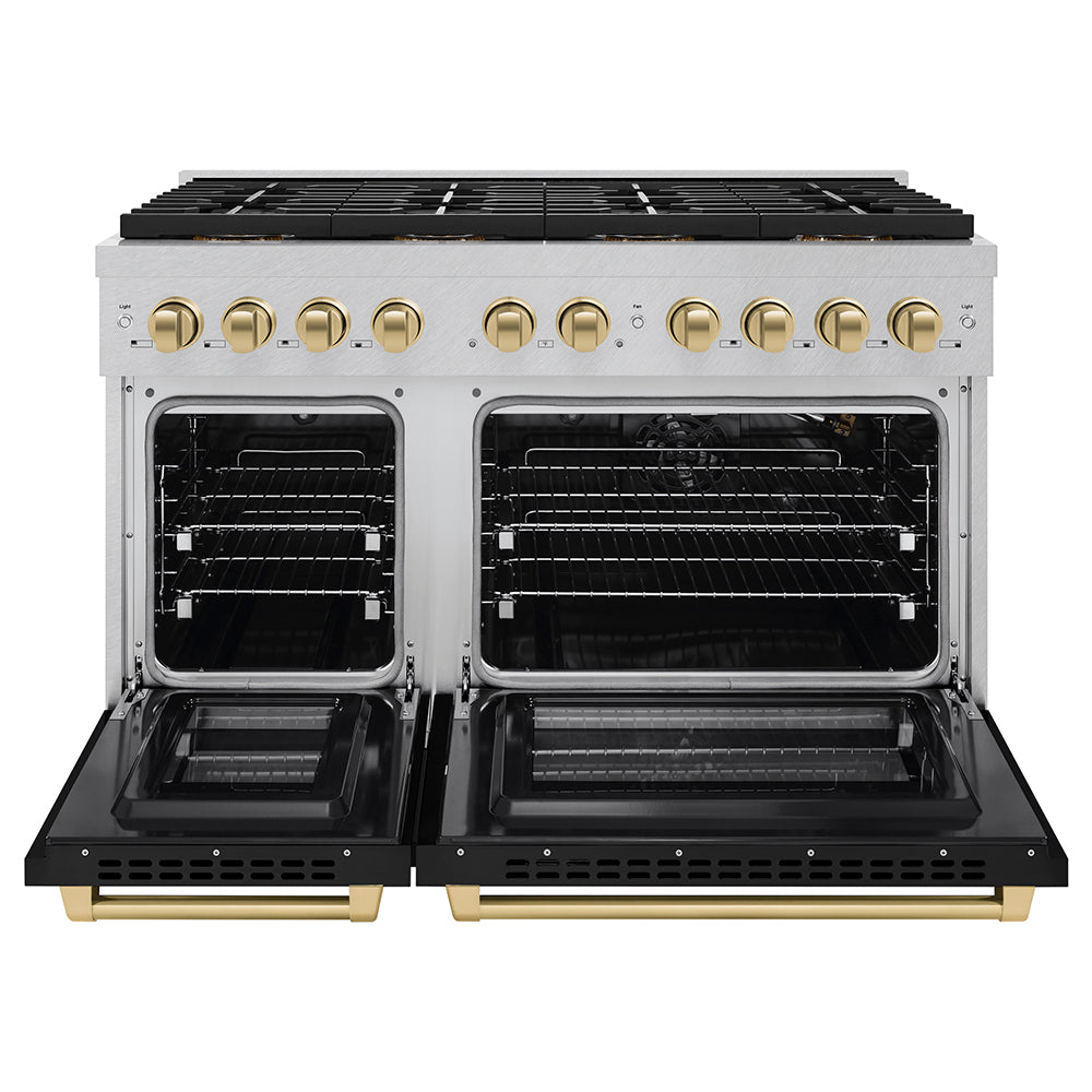 ZLINE Autograph Edition 48 in. 6.7 cu. ft. Paramount Dual Fuel Range with 8 Burner DuoProâ„¢ Cooktop and Dual Ovens in Satin Stainless Steel with Black Matte Doors and Champagne Bronze Accents (PSDRSZ-BLM48-CB)